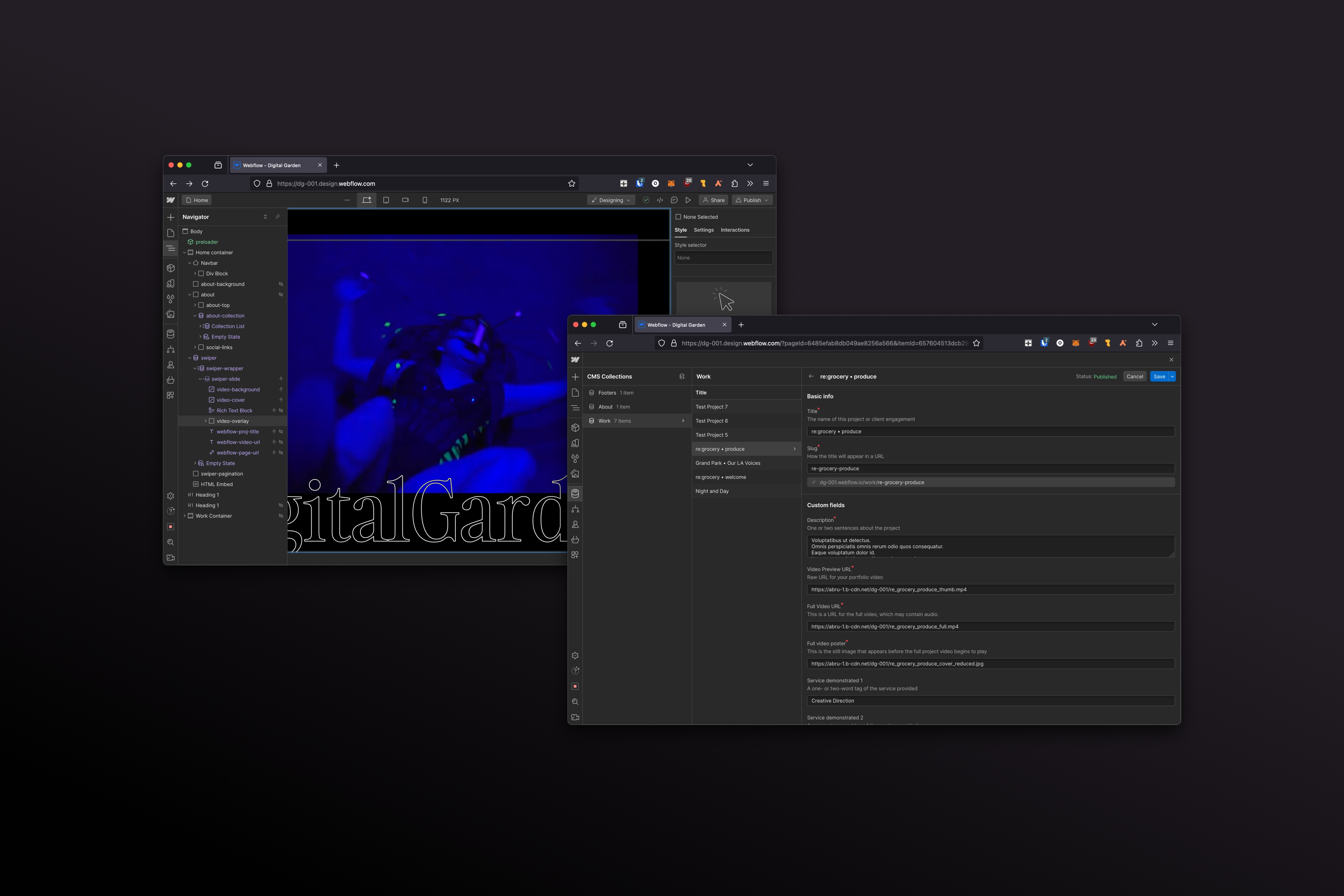 Screenshots showing the site in Webflow's builder